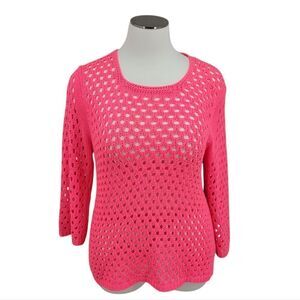 Lisa International Hot Pink Open Pointelle Knit Sweater Women's Plus Size 1X